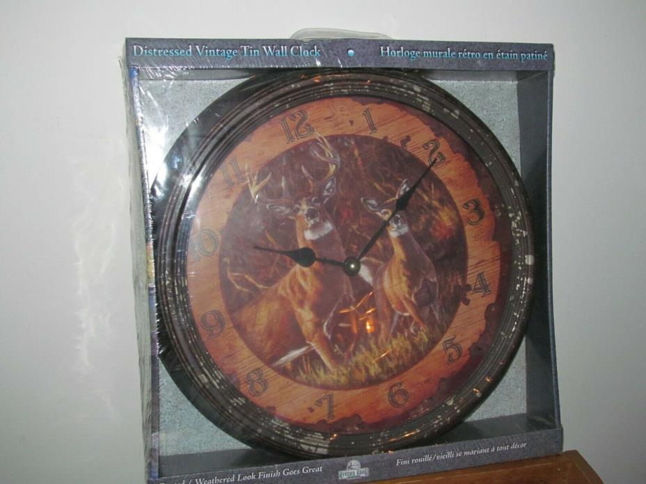 Rivers Edge Distressed Vintage Whitetail Metal Wall Clock, ( New ) 15
