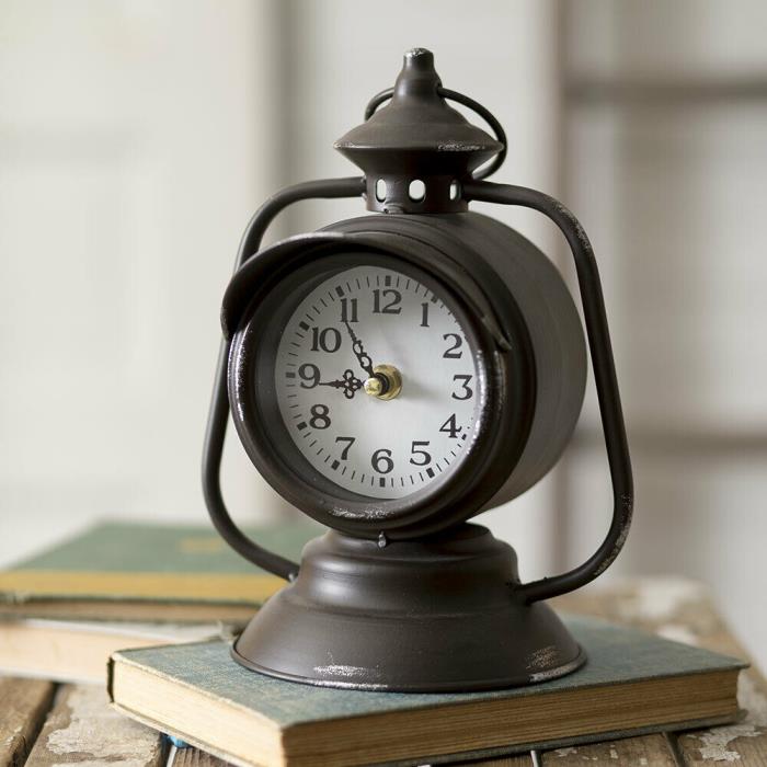 Primitive Vintage Style Train Lantern Clock Table, Counter, Shelf Display Accent