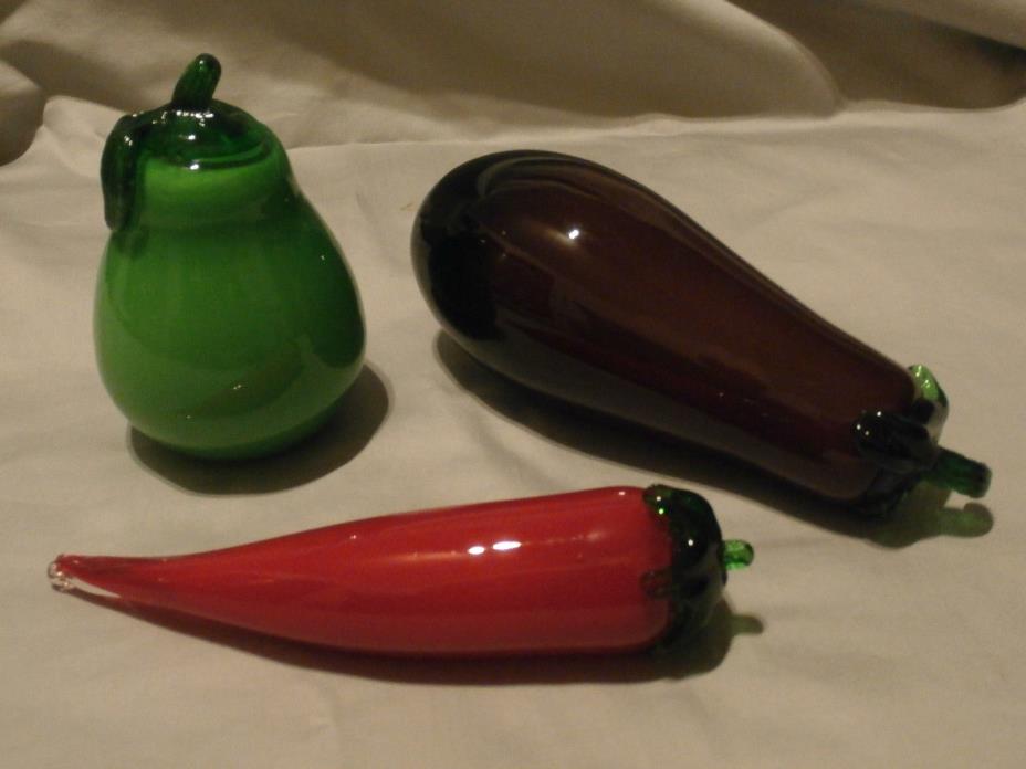 3  Blown Art Glass Fruit & Vegetables Murano Style Pear Chili Pepper Egg Plant