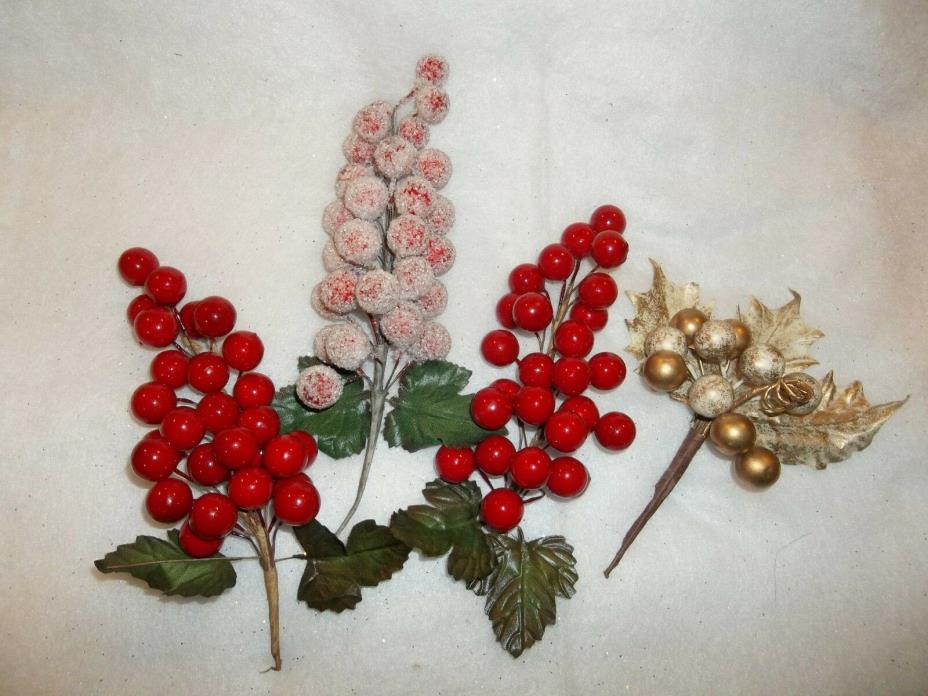 Lot assortment of 4 Red & Gold Grape Clusters, Holiday/ Floral/Candle Decor