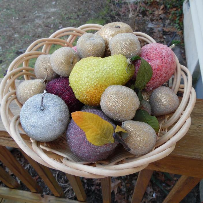 Vtg. Sugar Beaded Look Artificial Decorative Fruit Assort.Lot 19 pcs/free basket