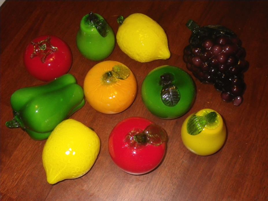 10 Vintage Lot Murano Style Blown Glass Fruits Vegetables Apple Lemon Grape more