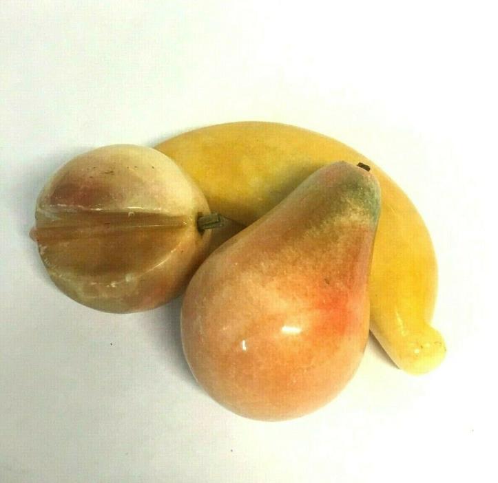 3 Pc Marble Alabaster Fruit Banana Pear Peach Faux Decorative Heavy Paperweight