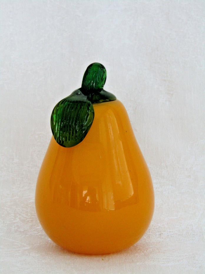 Hand Blown Art Glass Yellow Pear Fruit w Applied Green Leaf & Stem