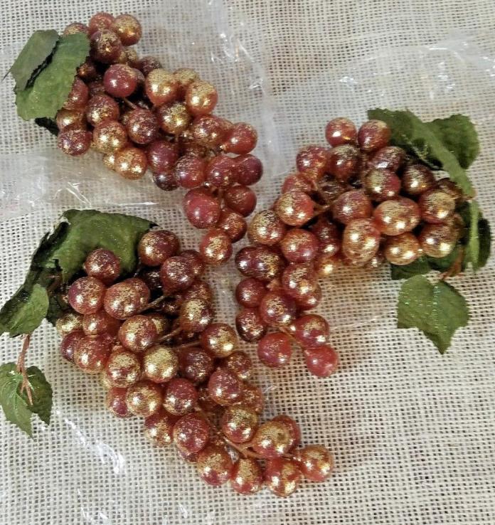Lot of 3** Glittered Purple Plastic Grapes Gold Glittered Bunches **D2