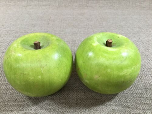 2 RARE Antique Vintage Italian Alabaster Stone Fruit Carved Big Green Apple Real