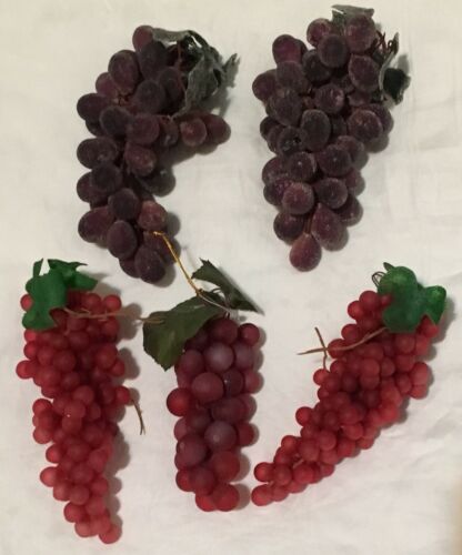 Lot of 5 Bunches Plastic Red Purple Kitchen Hanging Grapes Leaves