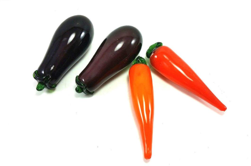 Hand Blown Murano Style Glass Vegetables Life Size 2 Egg Plant 2 Carrot Lot