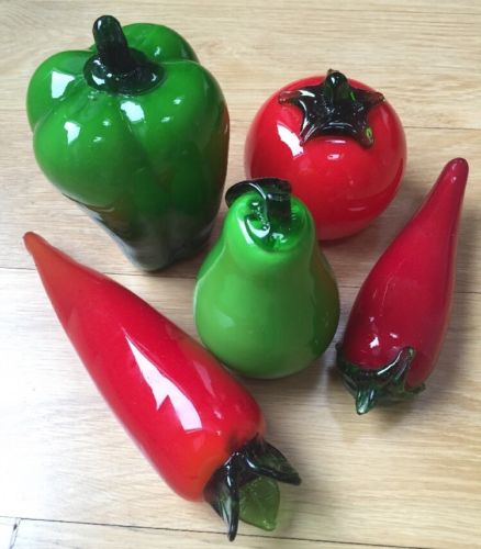 Murano Style Glass Art Fruit Vegetables 5 Pieces 3 Red Green Peppers Pear Tomato