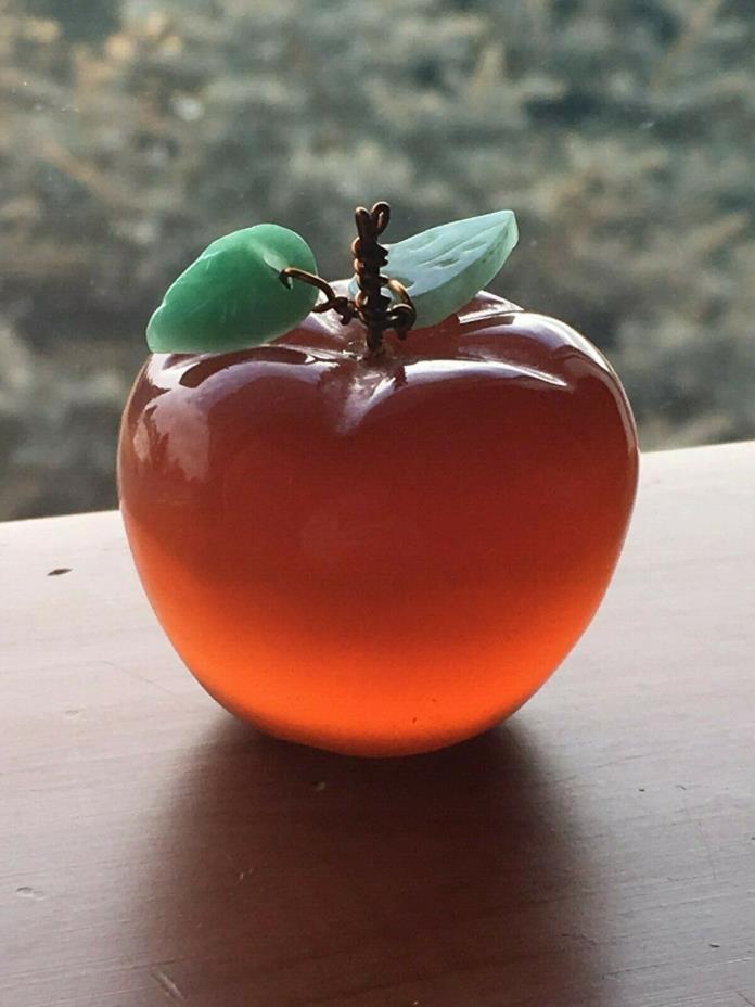 Small Tomato Red Glass Apple jade green leaves Perfect Teacher Gift!