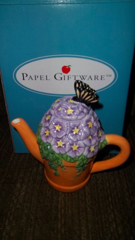 Papel Giftware Teapot Orange With Green Leaves & Purple Flower Design