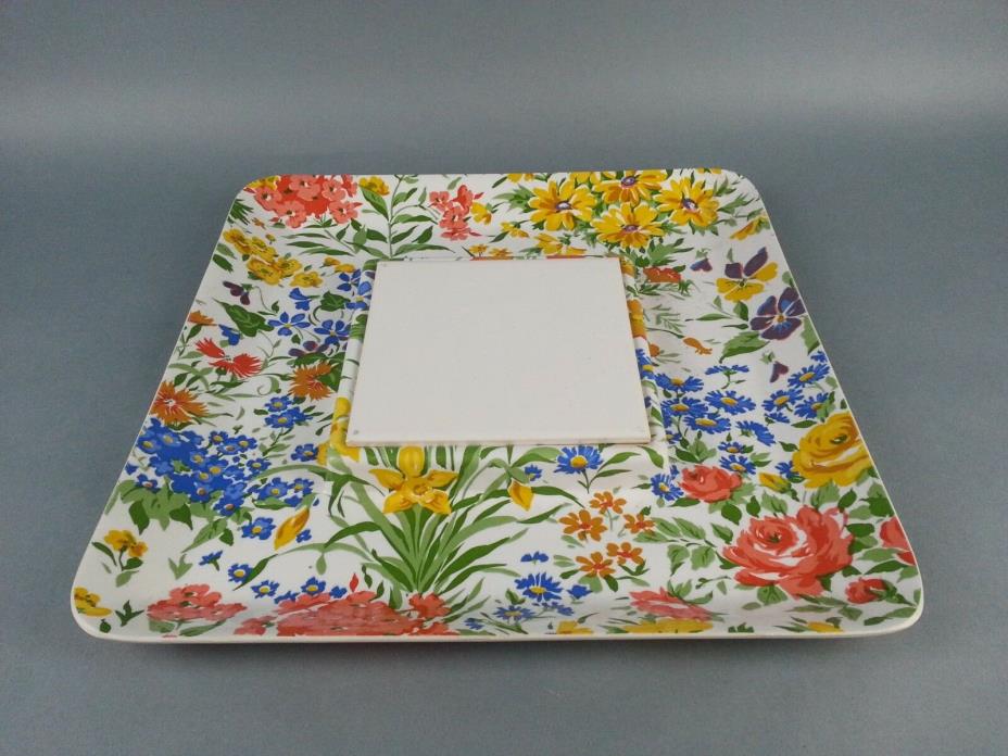 Retro Flower Vintage Decorative Square Flower Plate w/ Center Tile Plate Trivet