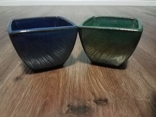 Small Rustic Deep Blue & Forest Green Square Shaped Ceramic Bowls/ Dishes