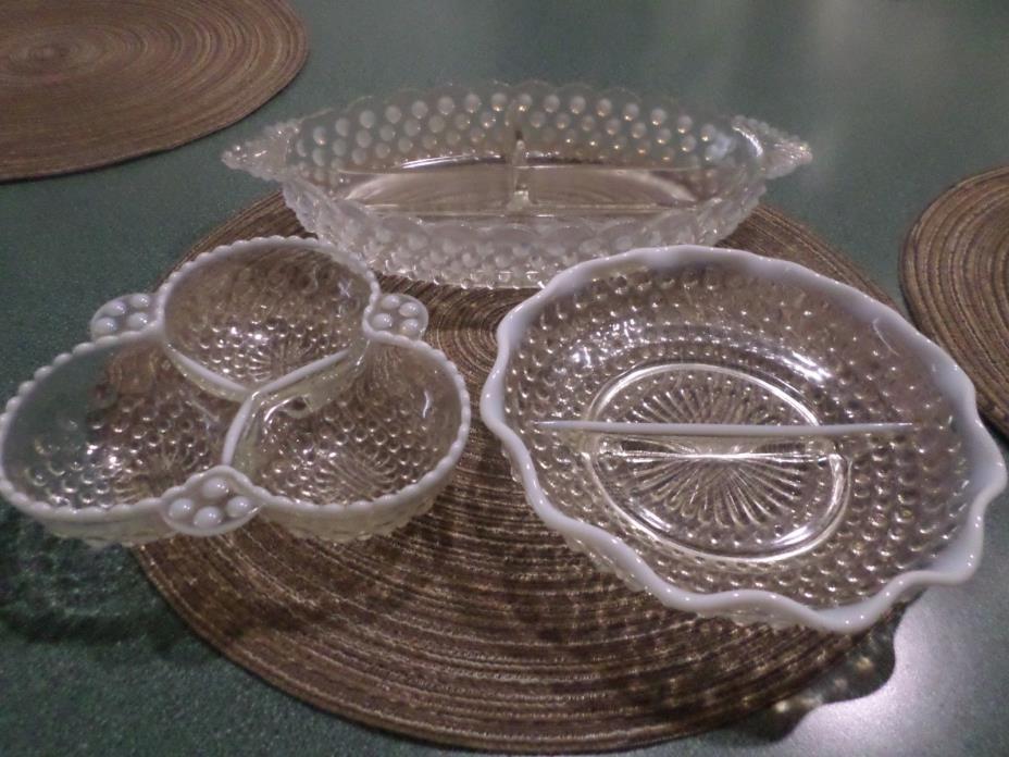 3 DEPRESSION GLASS DIVIDED DISH - BLUE AND WHITE OPALESCENT - HOBNAIL Vintage