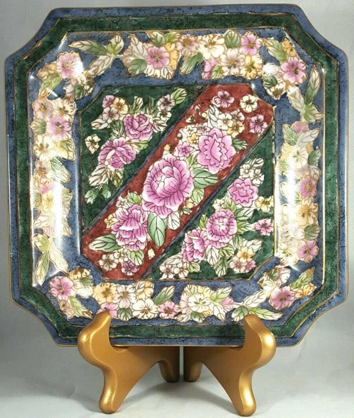 Andrea by Sadek Wall Plate Dish Teal Gold Flower Rose Country Kitchen Art Stand