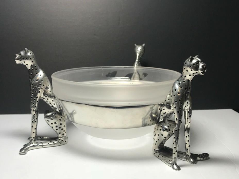 Decorative Round Glass Bowl With Figural Leopard Cougar Metal Stand