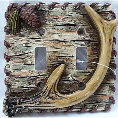 Lodge Rustic Decor Antler Pinecone Tree Bark Double Light Switch Plate Covers -