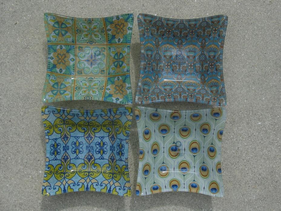 MAJESTIC BEAUTY PEACOCK/PARIS DESIGN SET OF 4 GLASS SQUARE BOWLS-NEW!