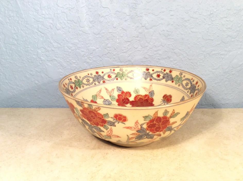 Decorative Hand-Painted Raised Texture Ceramic Bowl Red Blue Floral Design 8”