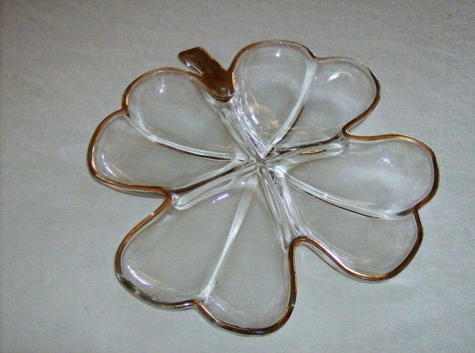 Vintage Jeannette four leaf clover clear glass table serving dish gold trim edge