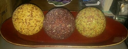 3 Decorative Seed Covered Balls w/ Burgandy Oblong Pottery Dish