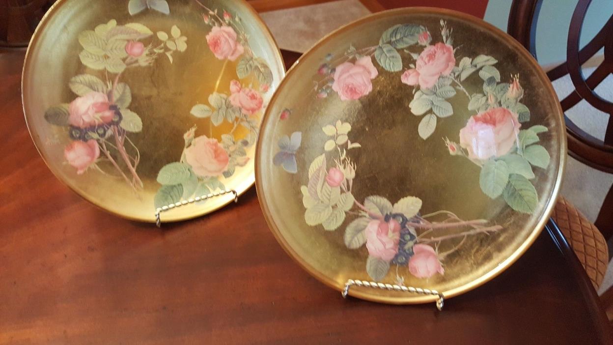 Lot of 2 Gold pink flower decorated plates with golden stands