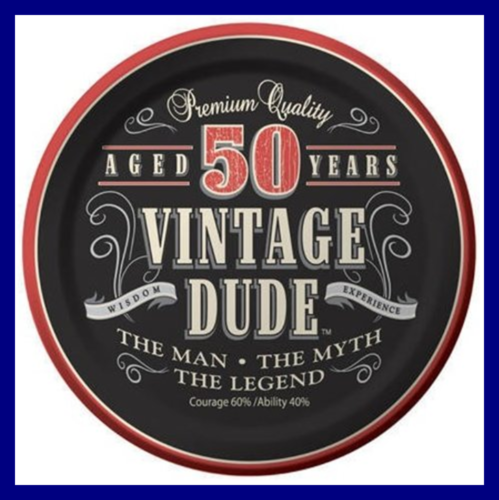 8 Ct Vintage Dude 50Th Birthday Round Dessert Plates 411567 PARTY Kitchen