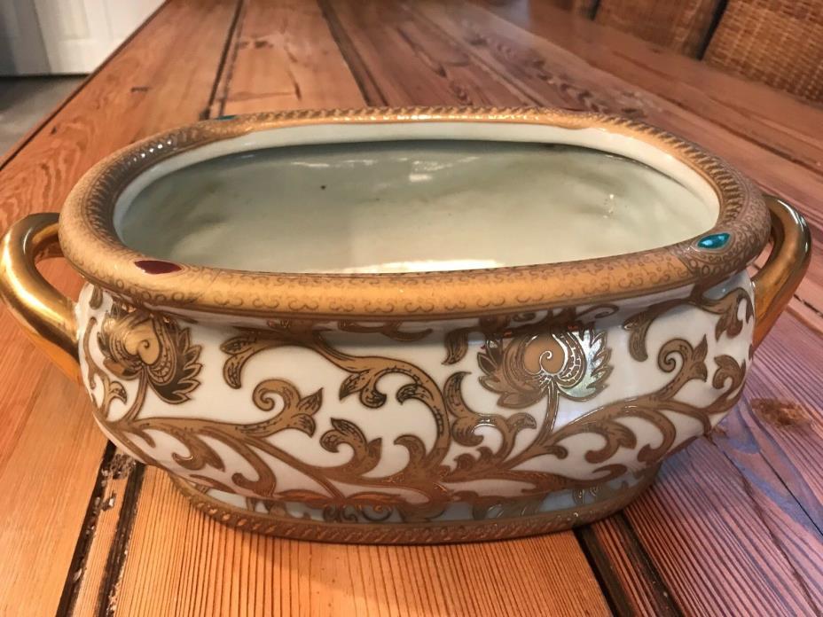 Decorative Handled Bowl Gold Embossed on Ivory Ornate Home Decor - Unique
