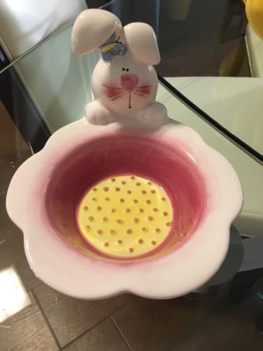 Kids Girls Infants Cute Ceramic White Pink Bunny Plate Dish Decorative Bowl