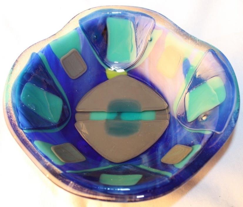 Fused Glass Art Bowl Layers of Clear Blue Green Gray 5.75
