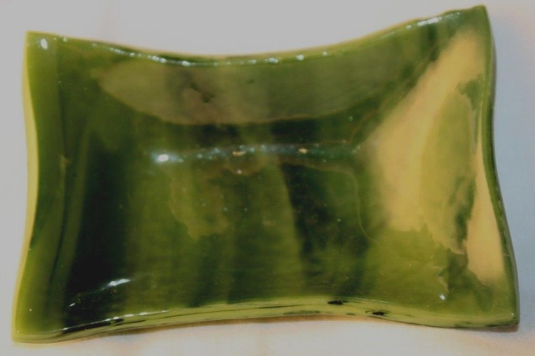 Fused Glass Art Bowl Small Sparkly Green Streaky 3 1/2