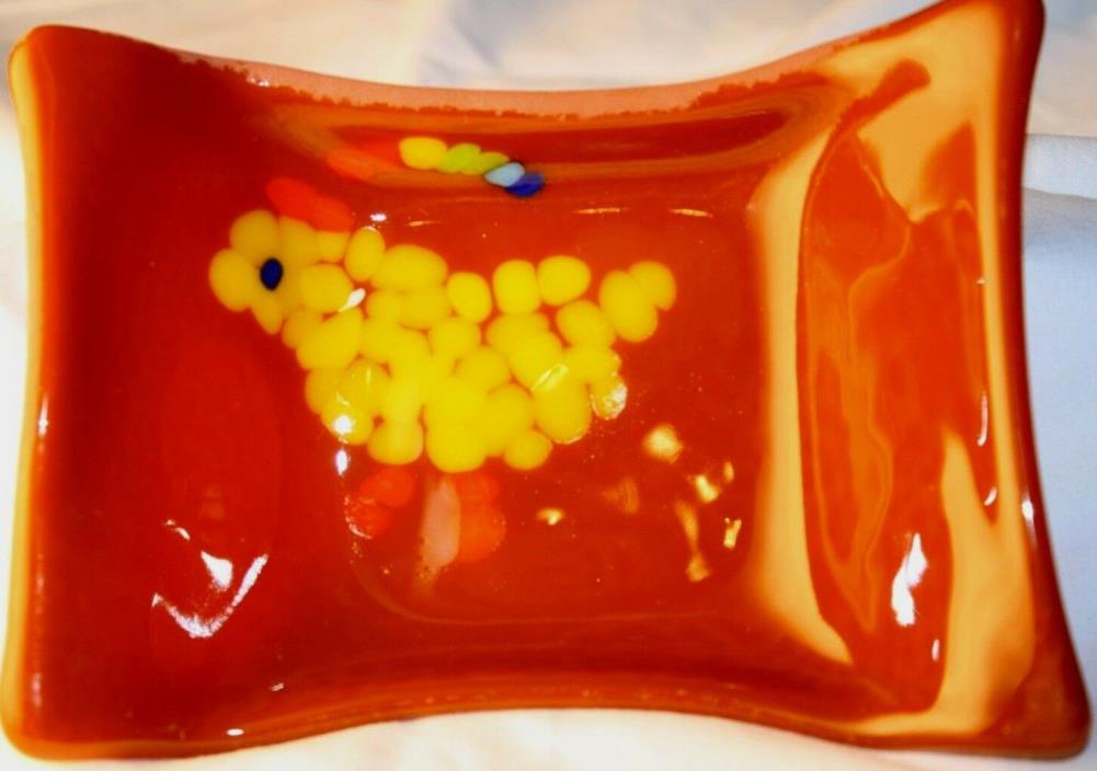 Fused Glass Art Bowl Funky Chicken Chick Golden Brown 5 1/2