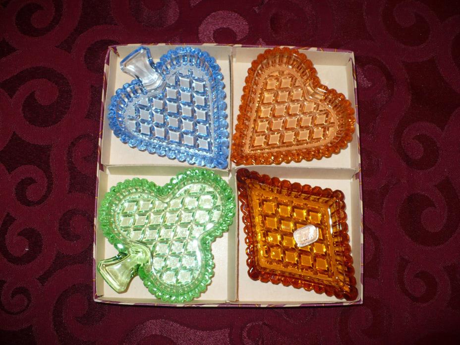 Vintage Coloured Bohemia Glass Dish Snack Tray Poker Playing Card Suits Decor