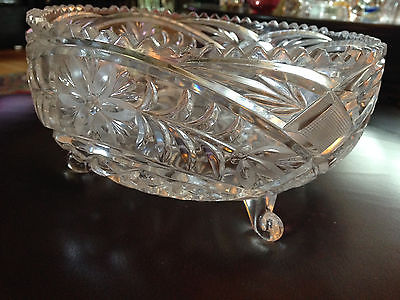 Large Footed Cut Glass Round Bowl with Serrated Rim, 8 1/4