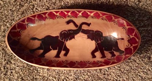Primitive Vintage Hand Carved Painted Wood Bowl Kenya Africa Elephant