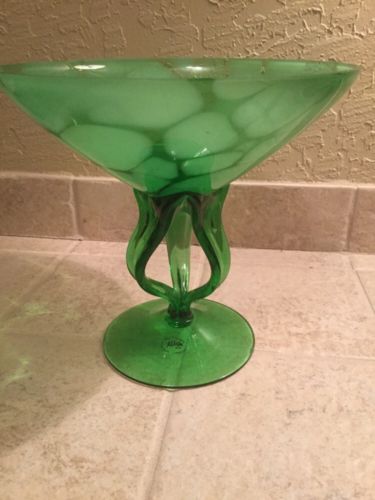 ALICJA Green White Art  GLASS PEDESTAL BOWL MADE IN POLAND Mid Century Modern