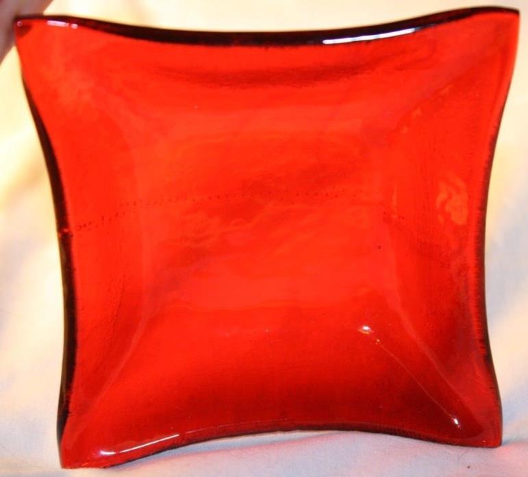 Fused Glass Art Bowl Small Square Transparent Red 3.25