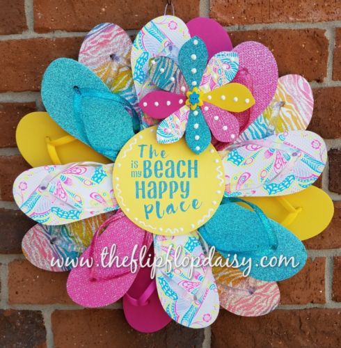 Cute The Beach is my Happy Place Flip Flop Wreath Summer Door Decor Beach Florid