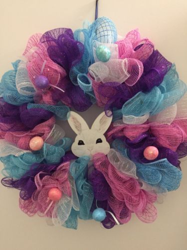20” Easter Mesh Wreath Brand New Handmade With Hand Painted Bunny