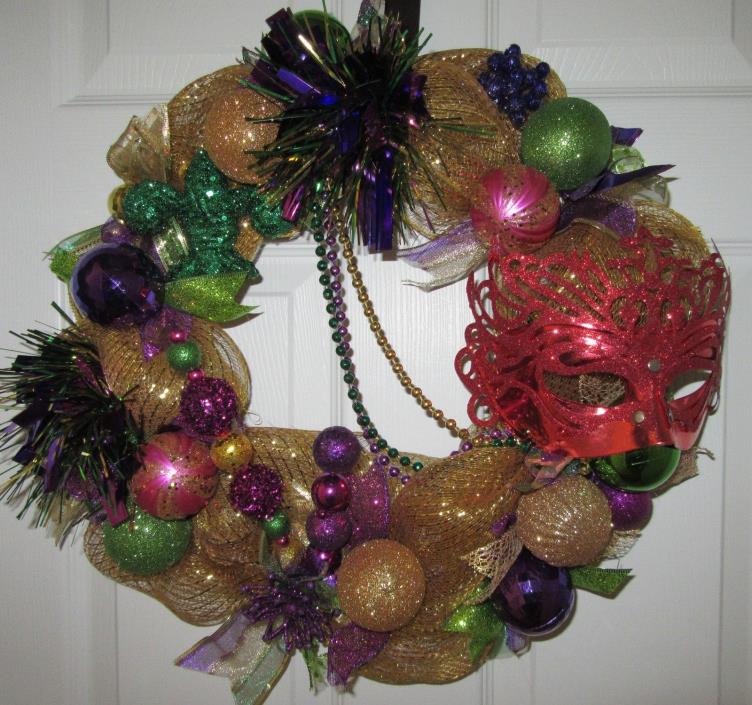 NEW Handmade Colorful Mardi Gras Fleur Di Les Mask Beads Door Decoration Wreath
