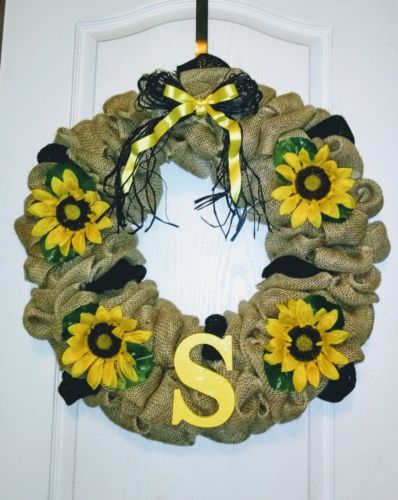 Handmade Burlap Wreath~w/Sunflowers& Black Burlap~Personalize w/Letter of Choice