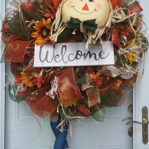 Fall Scarecrow Burlap Wreath, Autumn Wreath, Scarecrow Deco Mesh Ribbon Wreath