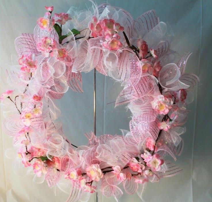 pink white flower deco mesh wreath door decor 20 inch