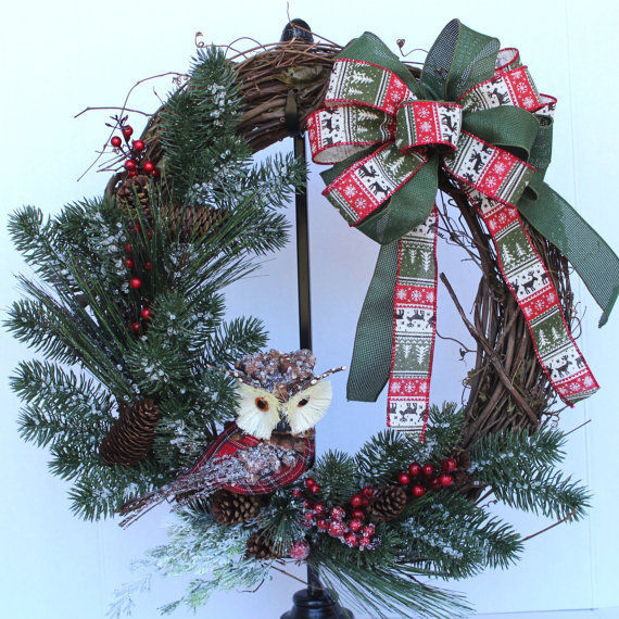 Owl Christmas Wreath, Holiday Wreath, Grapevine Wreath, Wreath, Rustic Christmas