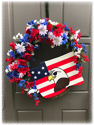 PATRIOTIC GRAPEVINE WREATH WOODEN FLAG EAGLE FLOWERS