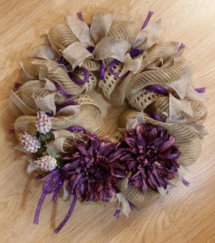 Spring deco mesh wreath Spring flower wreath Spring burlap wreath  Purple mums