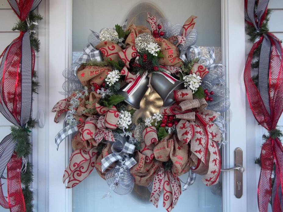 PEWTER BELLS~SILVER~BURLAP~ WREATH~BOW~RIBBONS~MESH~FROSTED FLOWERS~GREENERY