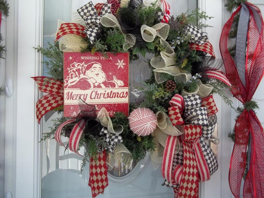 XL ~ MERRY CHRISTMAS VINTAGE SANTA SIGN~MESH~DOOR WREATH~BOW~RIBBONS~BERRIES