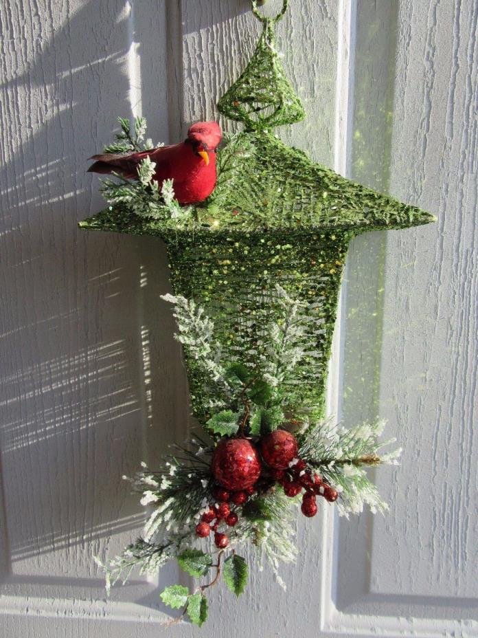 Merry Christmas Door Decor Green House with Red Cardinal and Lights.  Sku # 16