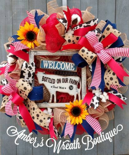 New Handmade Cow Welcome Country Farmers Market Deco Mesh Burlap Wreath 26